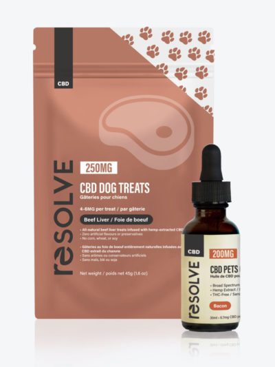 A pack of resolvecbd dog treats as well as a 200mg bottle of resolvecbd pets oil bacon flavour
