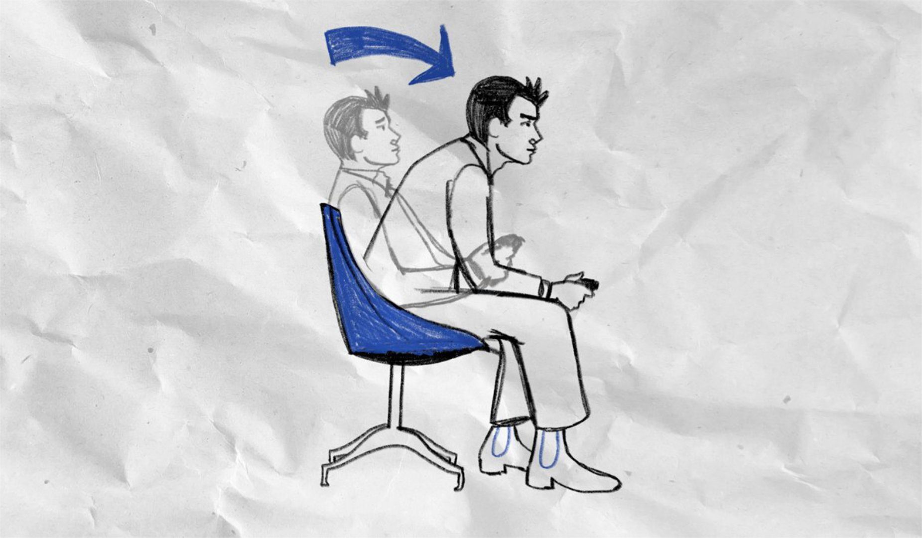 Drawing of gamer bending forward with tech neck/serious gamer pose