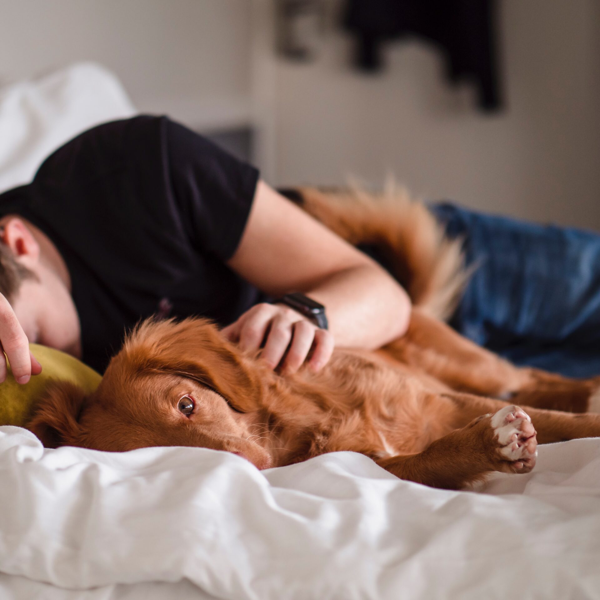 Sleepy man cuddling his dog in bed